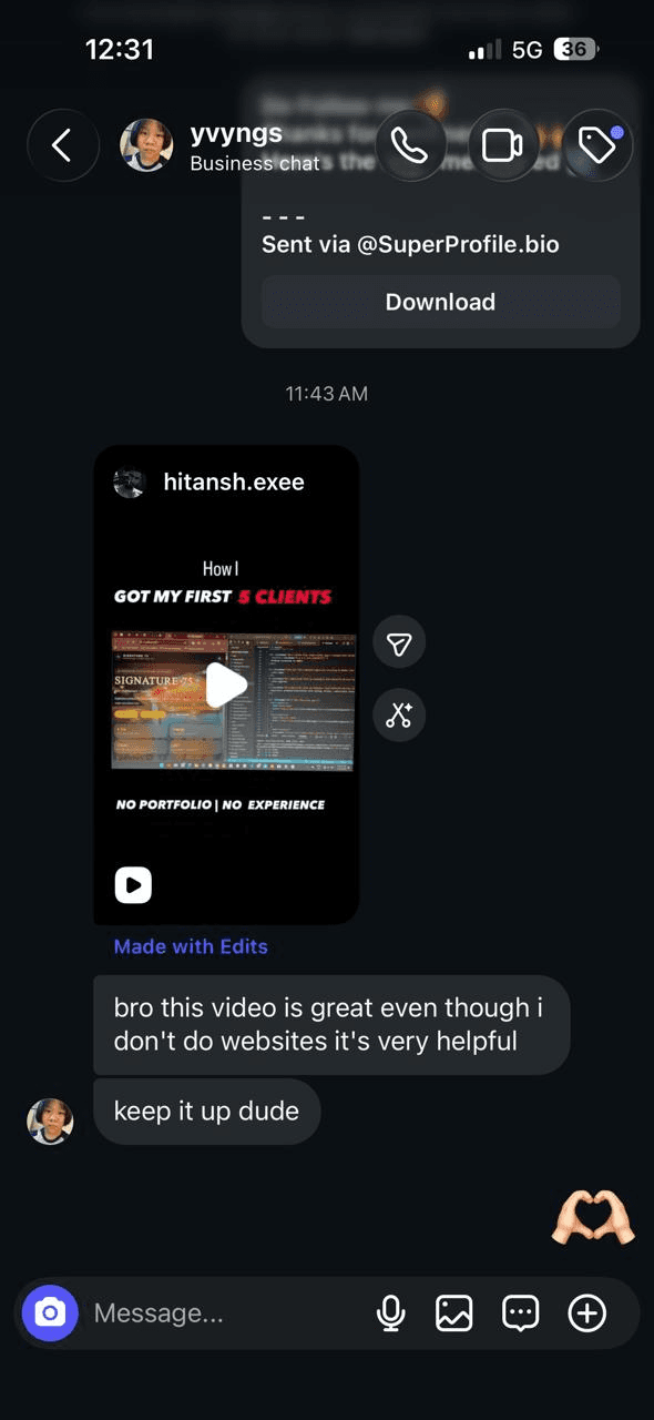 Client DM after watching reels